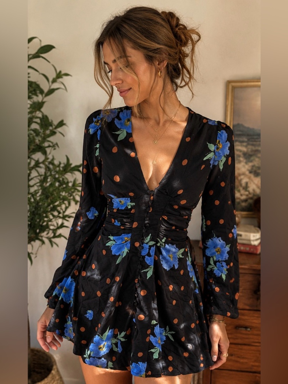 Free People Black Floral Polka Dot Ruched Long Sleeve Mini Dress XS